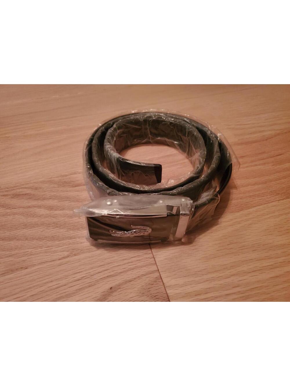 Black Leather Belt with Silver Buckle and Crocodile Detail